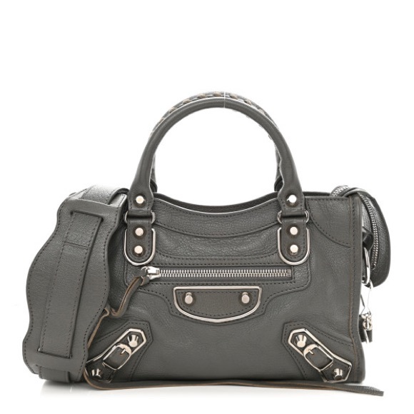 AUTH BALENCIAGA CITY Gris grey mini metallic edge Bag +crossbody strap mirror - Picture 1 of 10